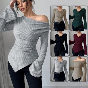 Off Shoulder Top - Женская блузка с длинным рукавом, однотонная,