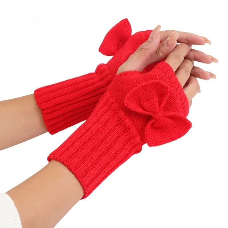 Women Fashion Gloves - Вязаные перчатки без пальцев с бантом
